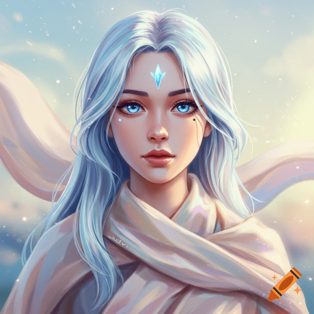 A stylized portrait of a woman with long light blue and silver hair, bright blue eyes, and a blue crystal on her forehead, wrapped in a light scarf.