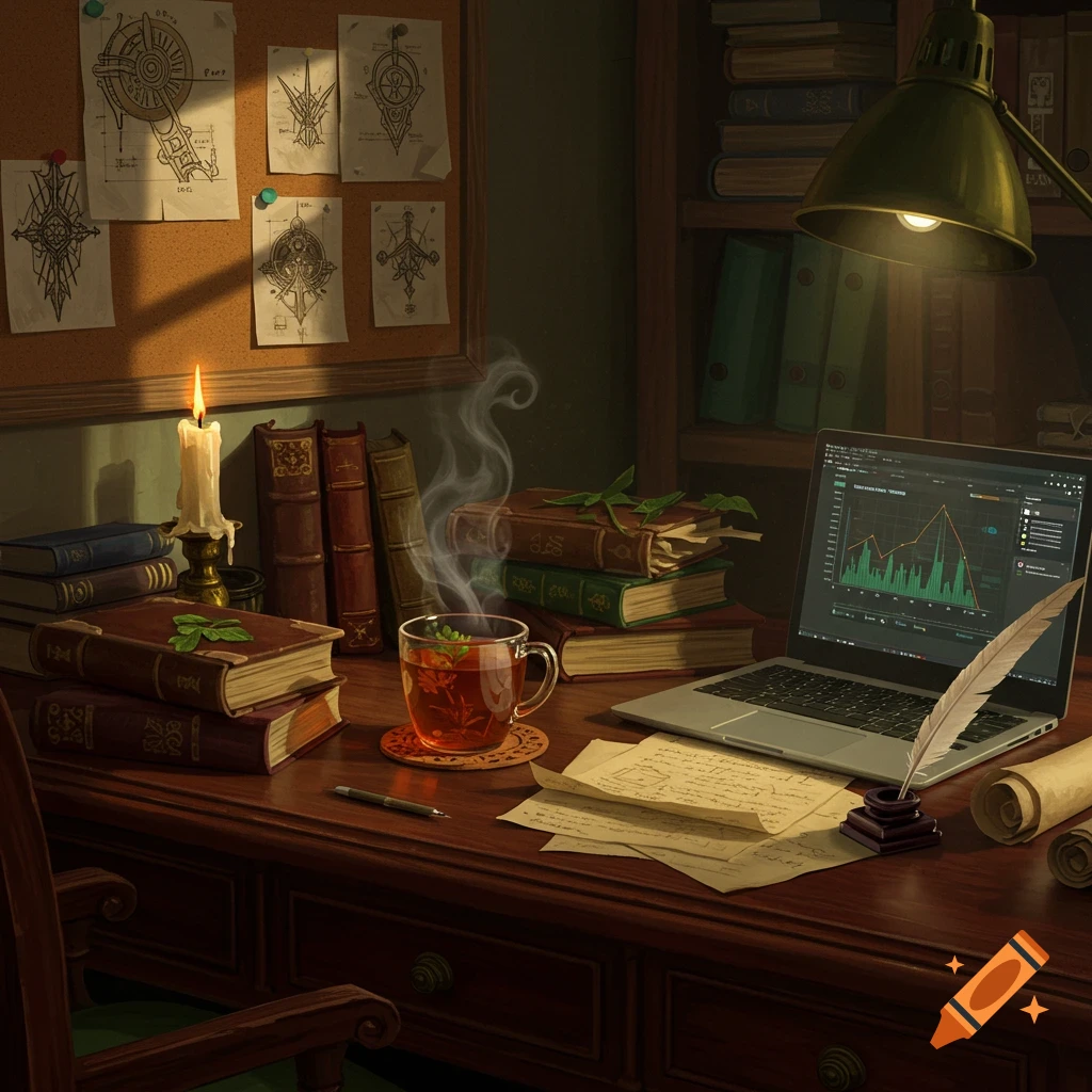 A warm, candlelit study desk featuring stacks of old books, a steaming cup of tea, a laptop displaying graphs, and papers with a quill pen and inkwell. Schematics are pinned to a corkboard behind the desk.
