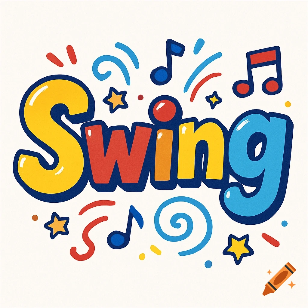 Colorful cartoony text spelling "Swing" with a blue outline, decorated with musical notes, stars, and abstract shapes on a light background.