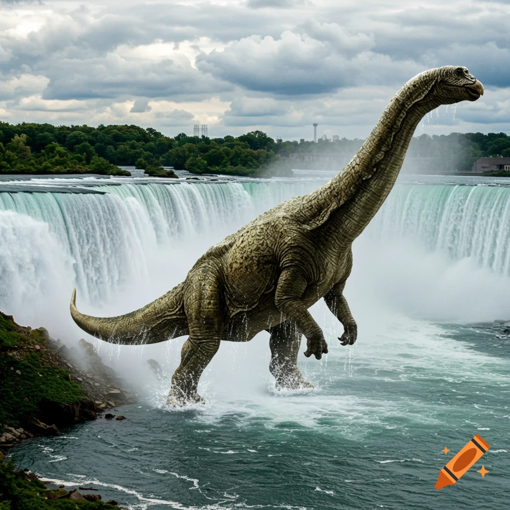 A large, long-necked dinosaur emerges from the water at the base of a massive waterfall under a cloudy sky.