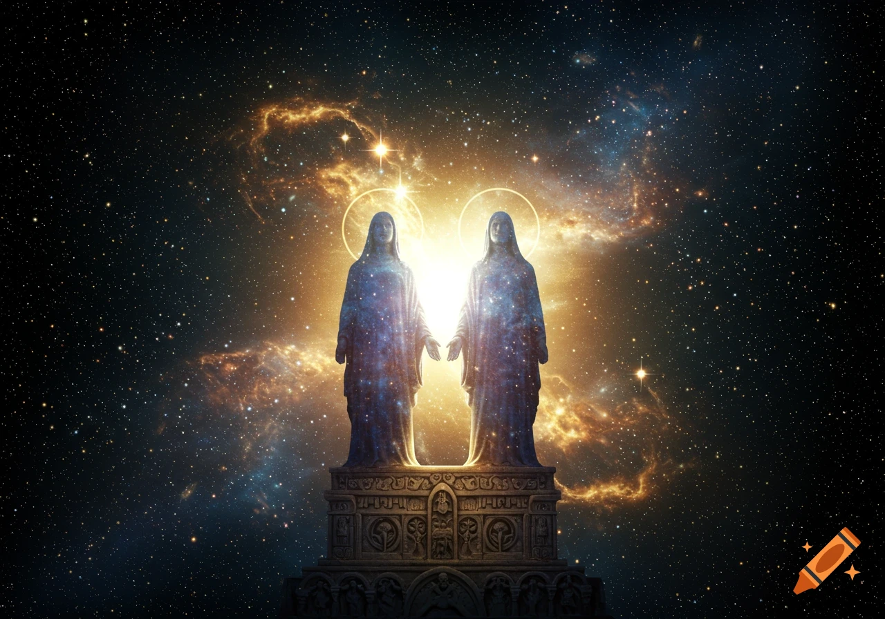Two glowing celestial statues resembling religious figures on an ornate pedestal against a starry galaxy background.