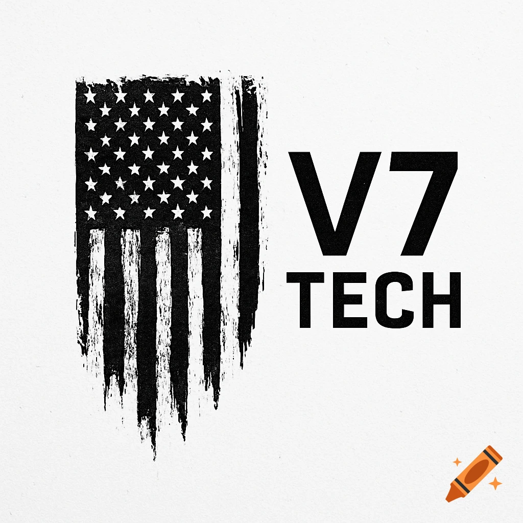 Black and white distressed American flag with 'V7 TECH' logo beside it on a white background.