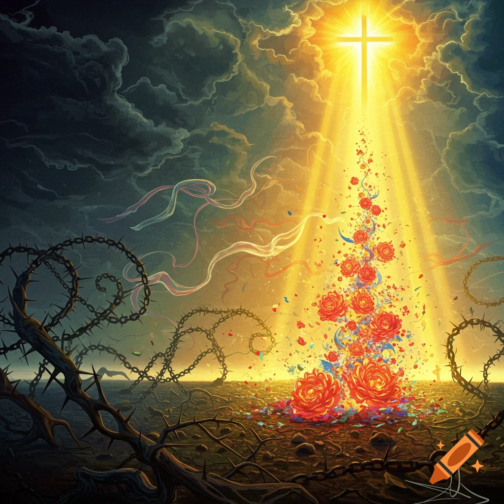 A bright cross shines light onto a ground of thorns and chains, transforming into a vibrant column of roses and colorful petals under a dramatic sky.