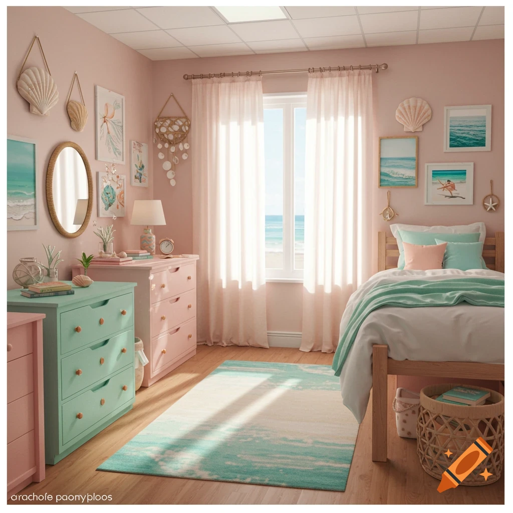 A pastel pink and blue coastal-themed bedroom with a bed, dresser, and window overlooking the ocean.
