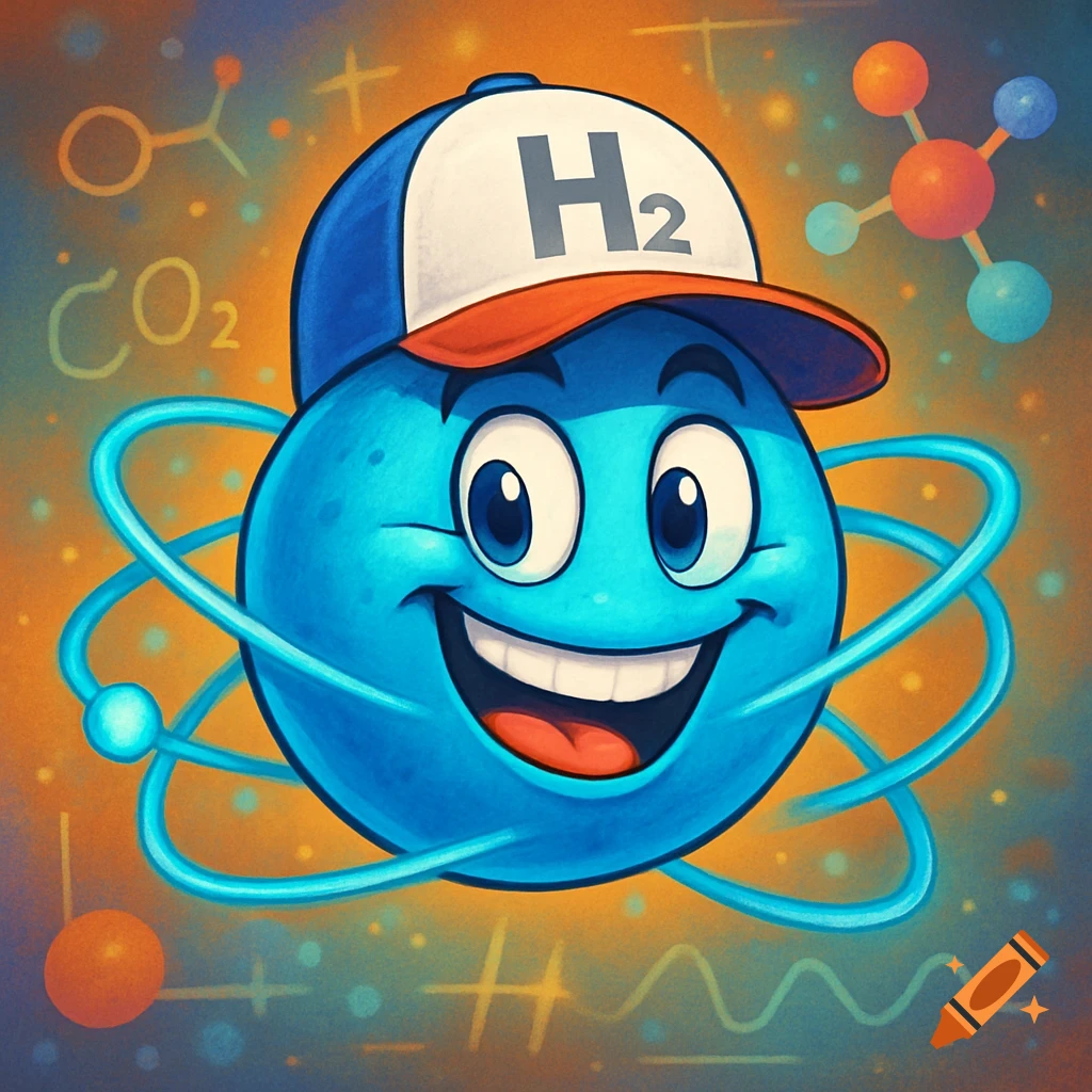 A smiling blue cartoon atom wearing a baseball cap with "H2" on it, surrounded by chemical formulas like CO2 and molecular structures.
