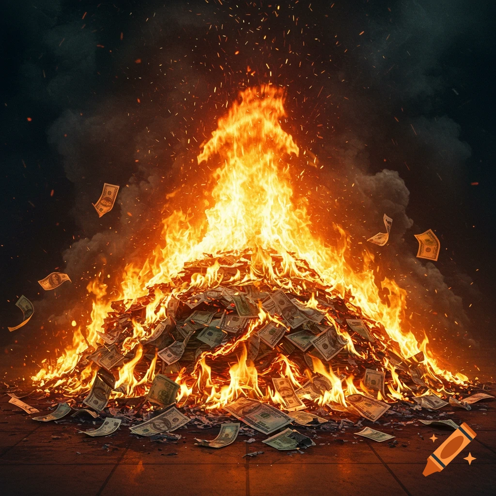 A large pile of money is intensely burning, with flames rising high and smoke billowing in the background.