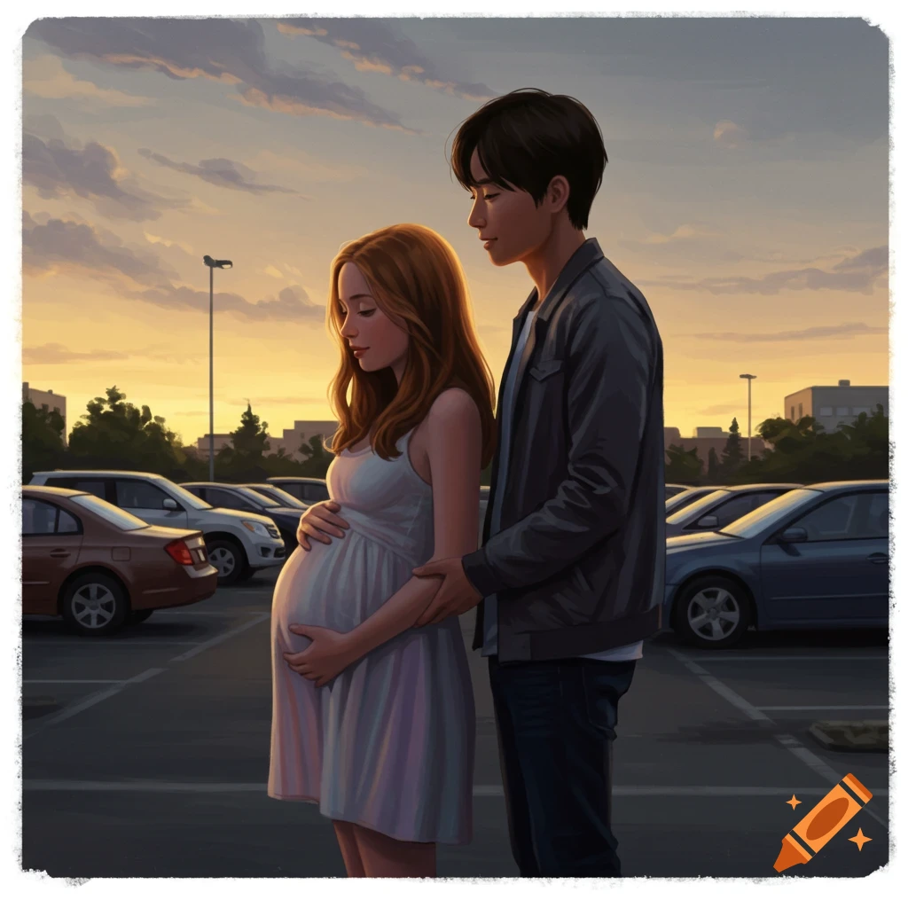 Digital art of a pregnant woman with her hand on her belly, standing next to a man in a parking lot at sunset.