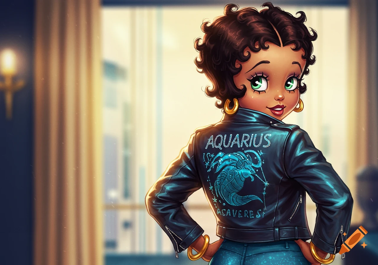 Cartoon character with dark curly hair wearing a black leather jacket with an 'Aquarius' sign and text on the back, smiling.