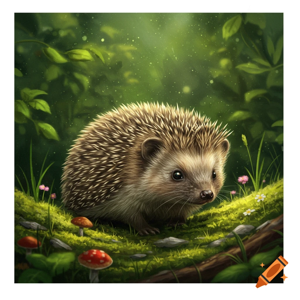 A small hedgehog with prominent quills sits on a mossy log in a sun-dappled forest with mushrooms and green foliage.
