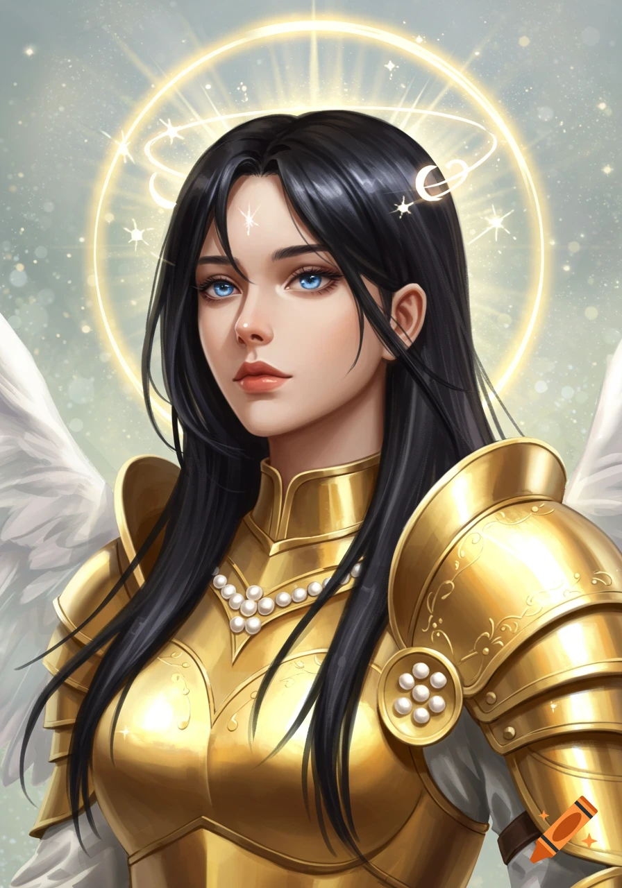 Digital portrait of an angelic woman with black hair, blue eyes, golden armor, white wings, and a glowing halo.