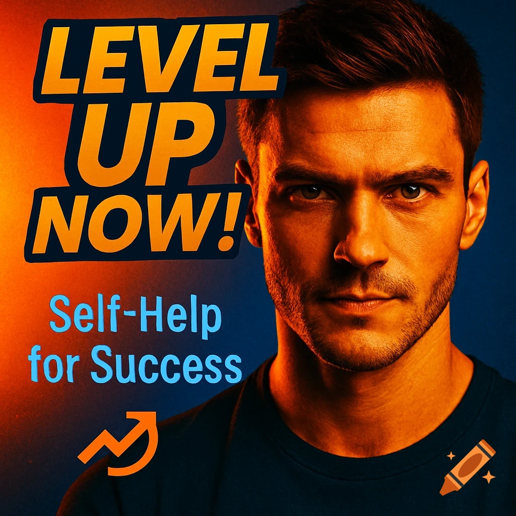Close-up of a determined man with orange lighting and motivational text 'LEVEL UP NOW! Self-Help for Success' with an orange arrow graphic.