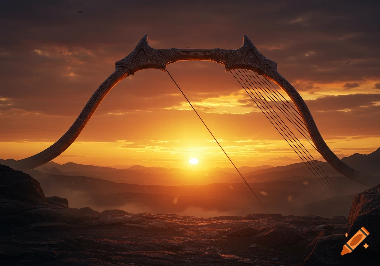 A giant, ornate bow, resembling a harp, stands atop a mountain at sunset, overlooking a vast mountain landscape.