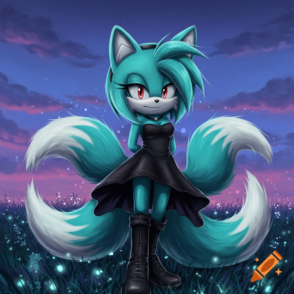 A teal-furred fox character with three tails, wearing a black dress and boots, stands in a field under a purple and pink sky in an anime style.
