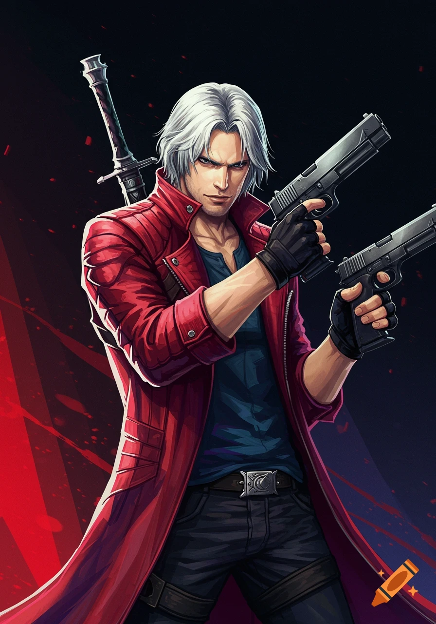 An anime-style drawing of Dante from Devil May Cry, a man with white hair and a red coat, holding two handguns with a sword on his back.