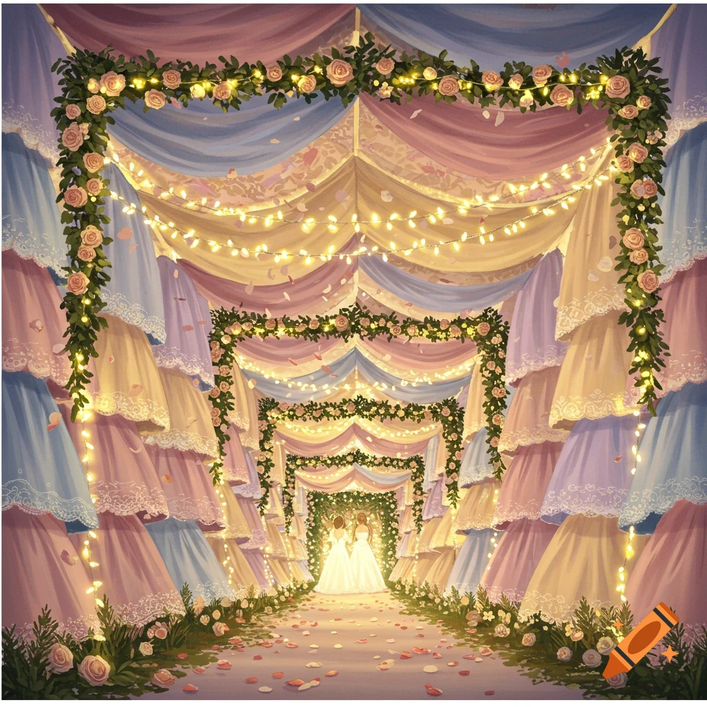 Two brides in white wedding dresses stand in a whimsical wedding aisle decorated with colorful fabric drapes, string lights, and pink roses.