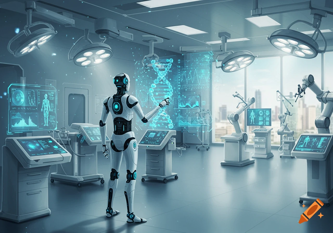 A white and black robot points at a glowing holographic DNA strand in a futuristic operating room with medical equipment and city view.