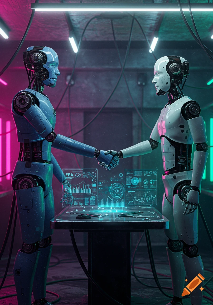 Two detailed robots, one blue and one white, shake hands in a futuristic science lab with glowing holographic screens displaying data.