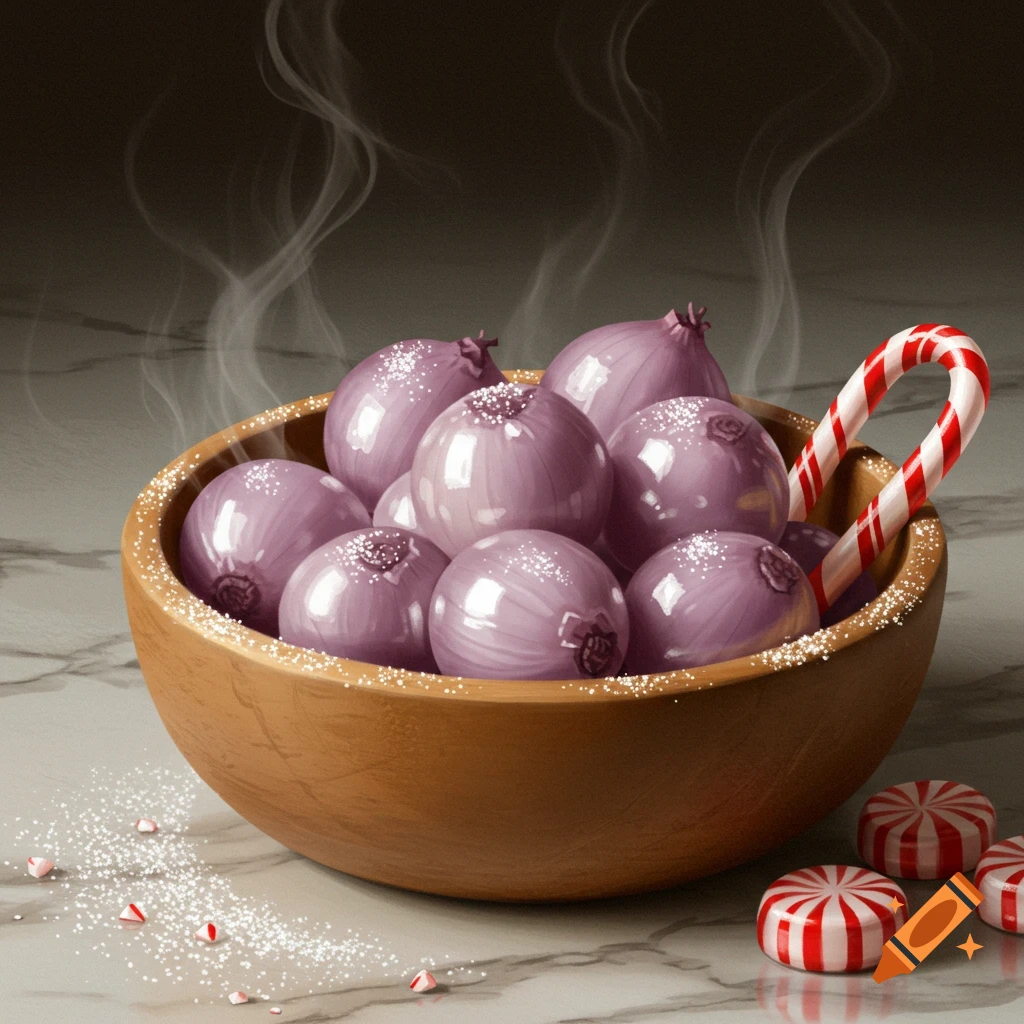 A wooden bowl filled with purple pearl onions dusted with sugar, a candy cane, and peppermint candies on a marble surface with steam.