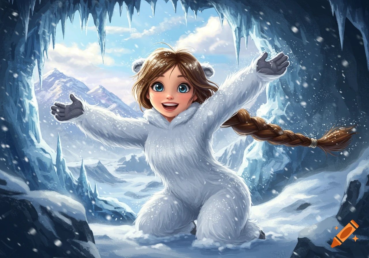 A happy cartoon girl in a white yeti suit with a long brown braid poses in a snowy icy cave with mountains in the background.