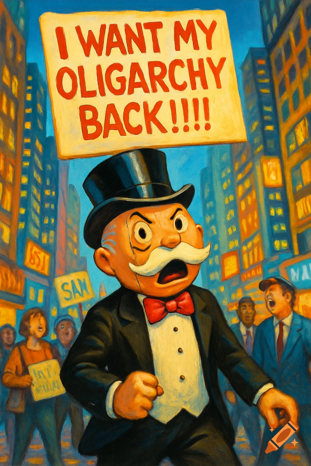 Mr. Monopoly, wearing a top hat and suit, angrily marches down a city street, holding a sign that reads "I WANT MY OLIGARCHY BACK!!!!!" in a painterly style.