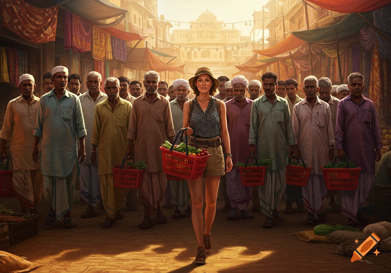 White woman with a red shopping basket walking through a crowded Indian market as men look at her.