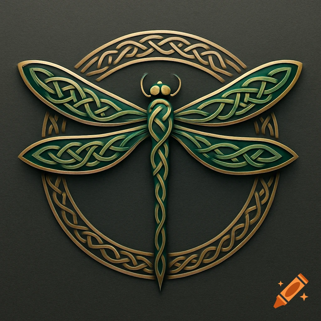 A stylized dragonfly logo depicted with intricate green Celtic knot patterns on its body and wings, set within a gold Celtic circular border on a dark gray background.