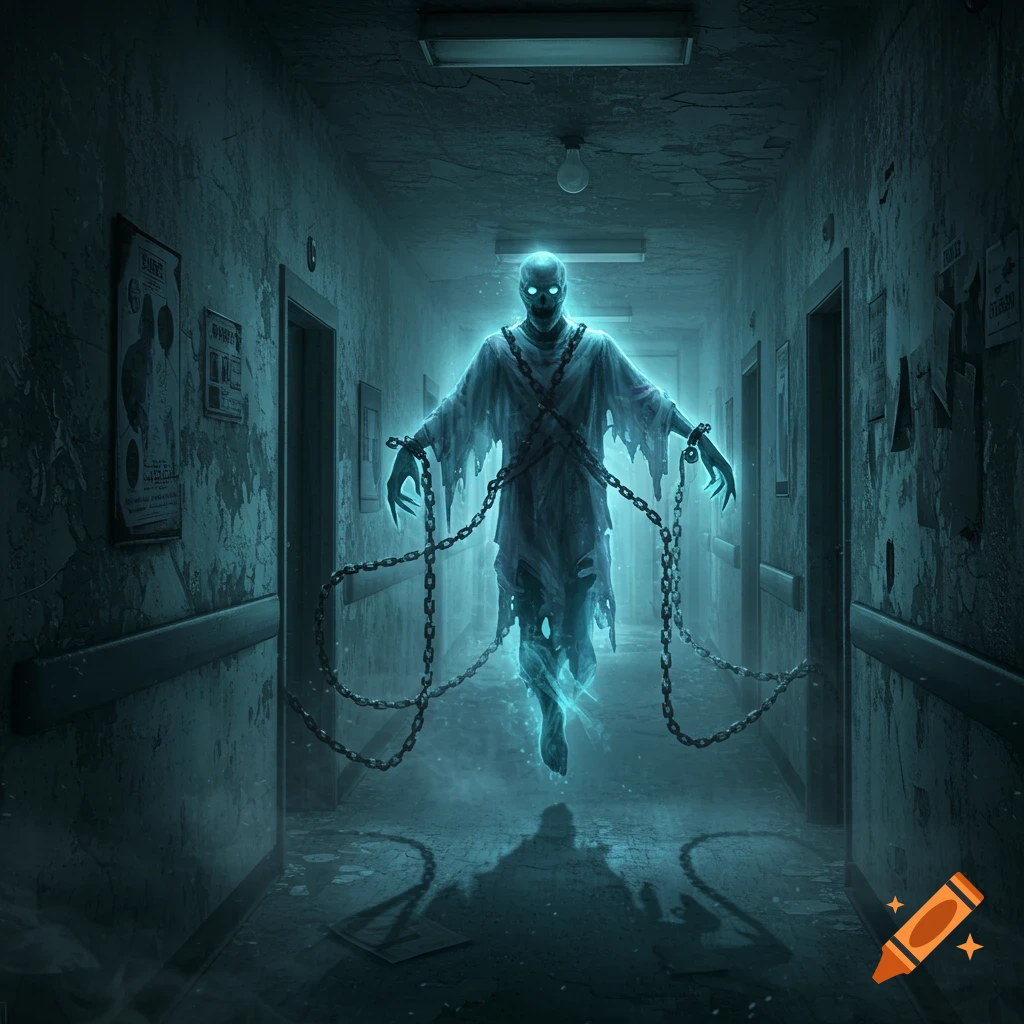 A glowing blue ghost with chains floats in a dark, abandoned hospital hallway, emanating an eerie light.