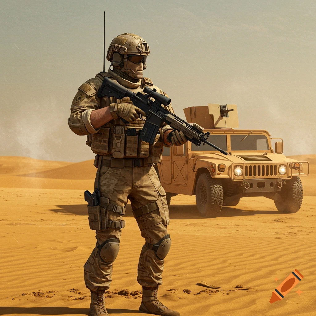 A photorealistic image of a soldier in desert camouflage, holding a rifle, standing in a vast desert with a Humvee in the background.