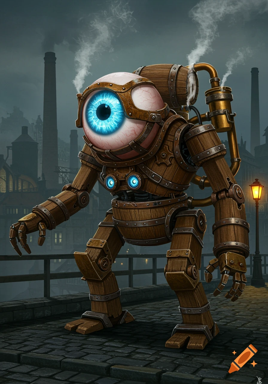 A detailed steampunk robot made of wooden barrels with a large glowing blue eyeball head stands on a cobblestone street in an industrial city.