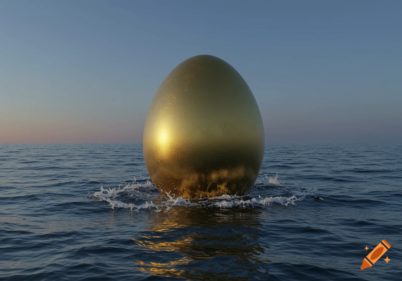 A large golden egg sits in the middle of a calm ocean, with water splashing around its base under a clear sky.