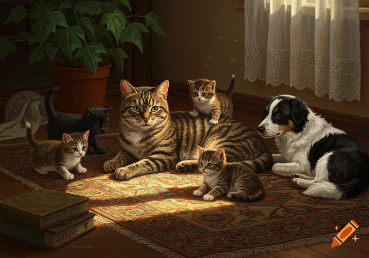An adult tabby cat lies on an ornate rug with three kittens and a black and white dog, illuminated by sunlight from a window.