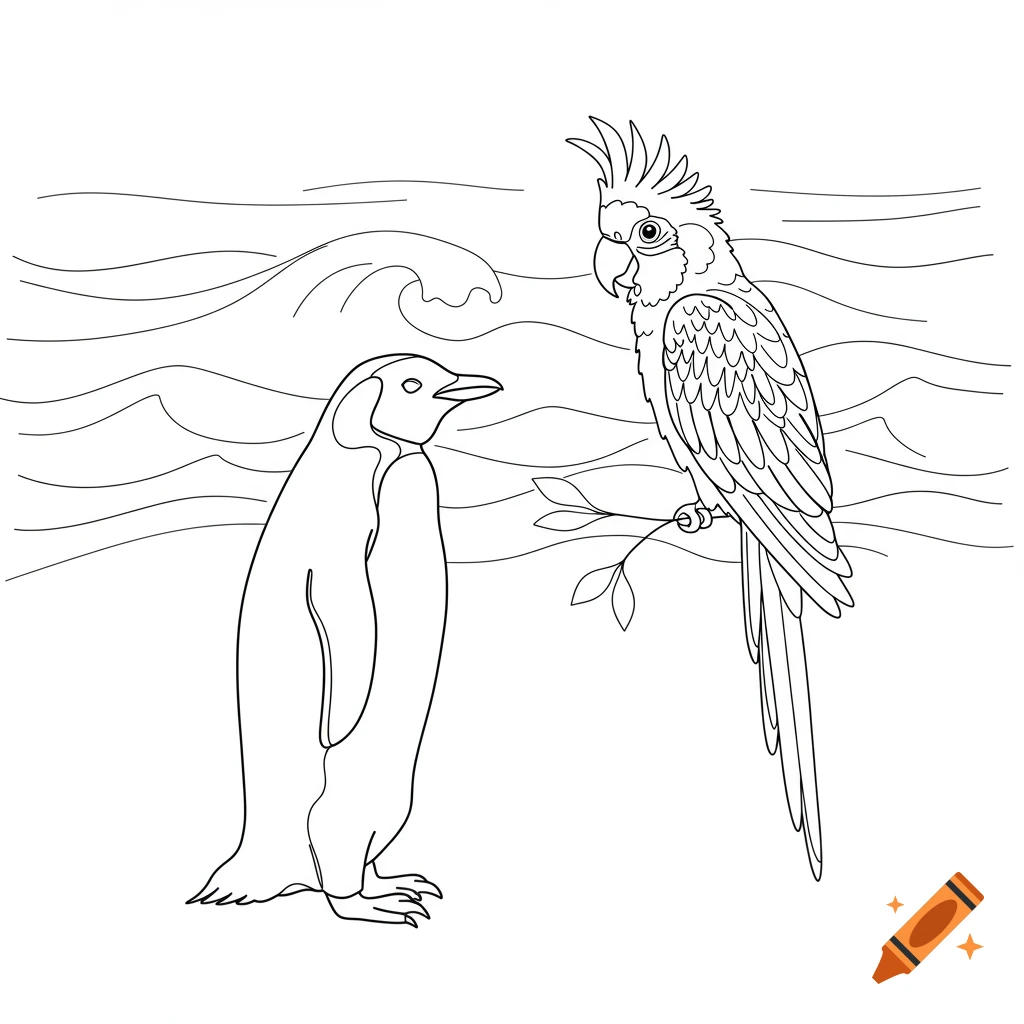Line art of a penguin standing next to a parrot perched on a branch, with wavy lines in the background.