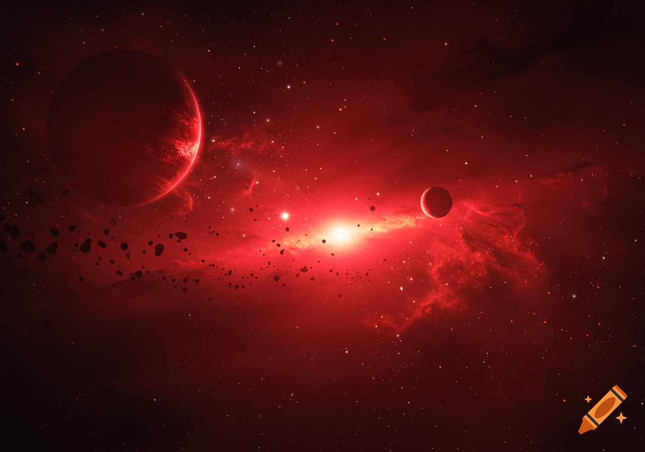 A vibrant red space scene with a large planet, a small distant planet, a bright nebula, stars, and an asteroid field.