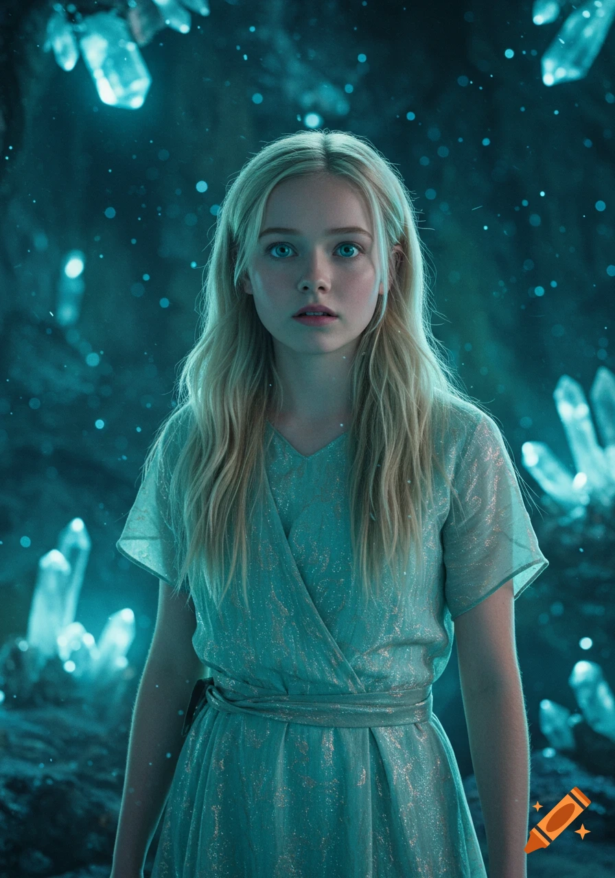 A photorealistic portrait of a blonde girl with blue eyes in a light blue dress, standing in a glowing teal crystal cave.