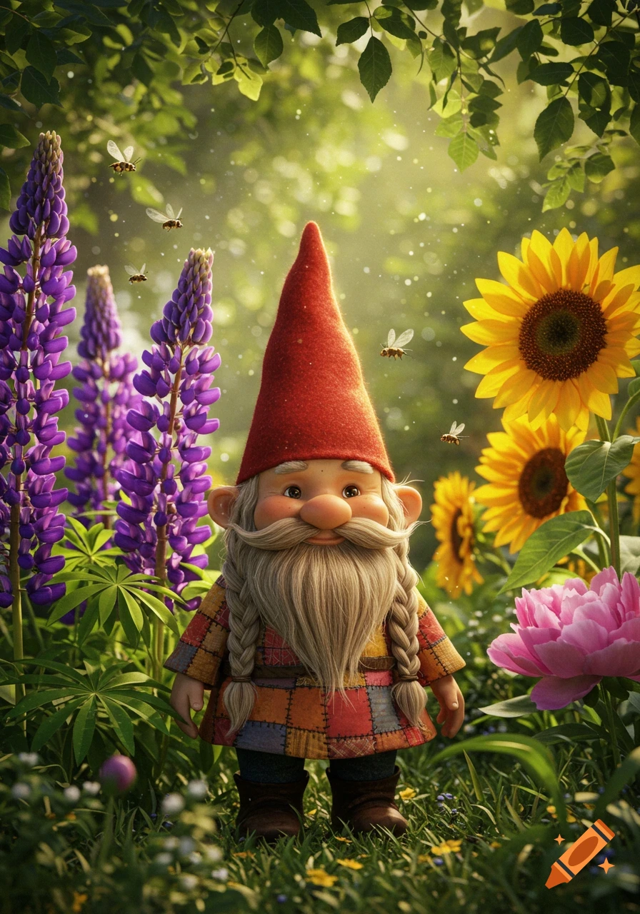 A photorealistic garden gnome with a red hat and long beard stands among vibrant purple lupines, yellow sunflowers, and pink peonies, with bees buzzing around.