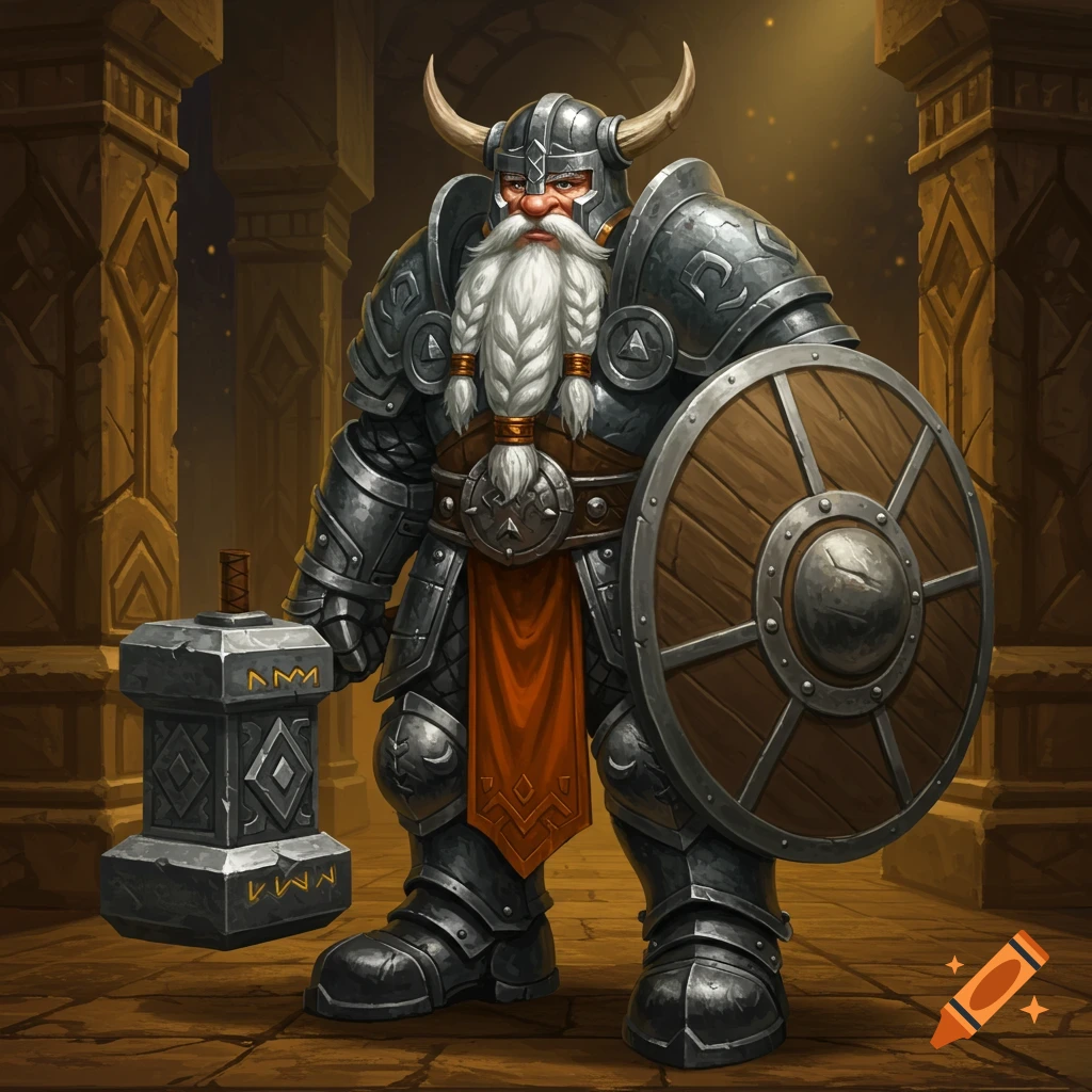 A stout dwarf warrior in grey fantasy plate armor with a horned helmet, braided white beard, holding a hammer and shield.