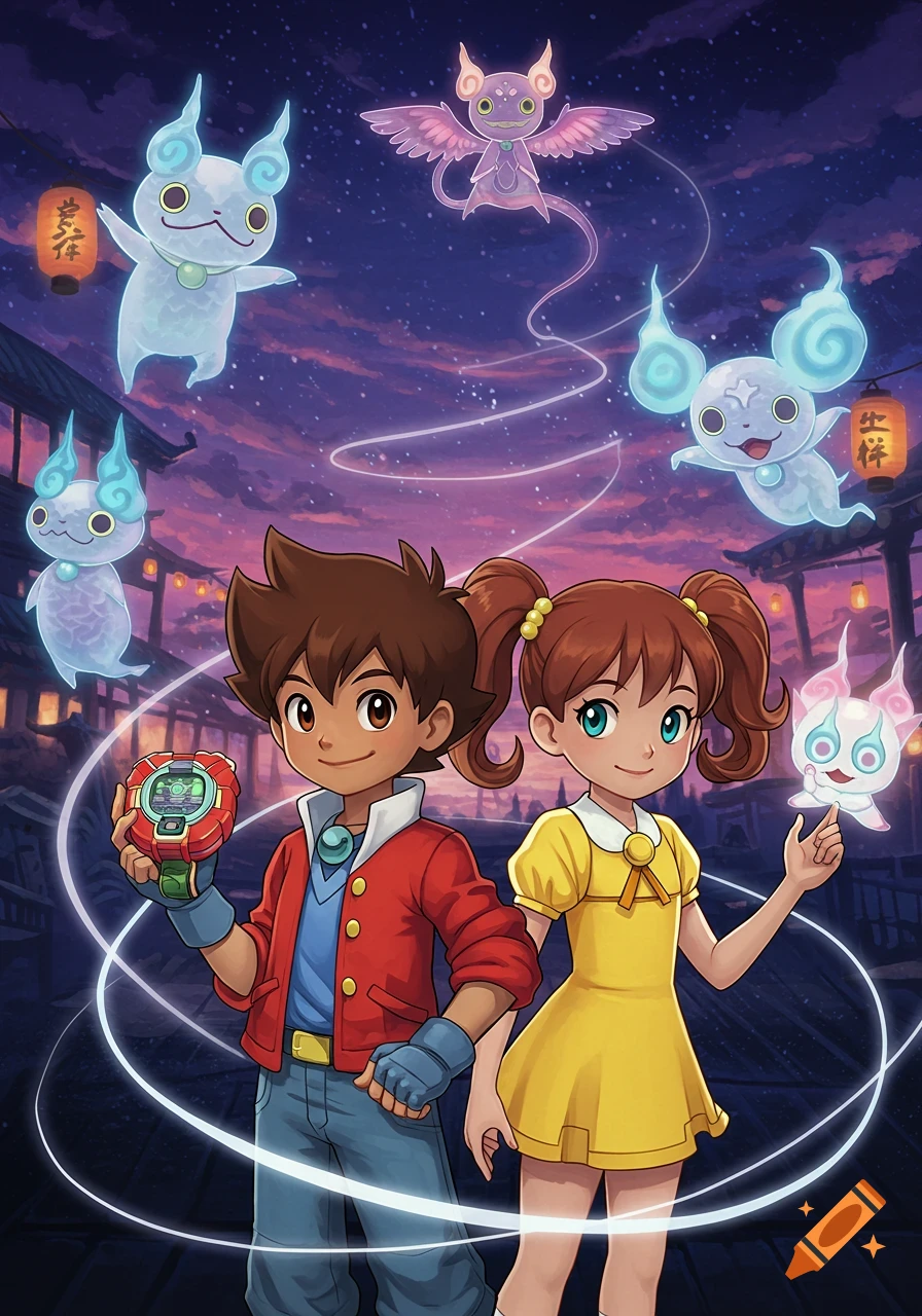 Anime-style illustration of a boy and a girl standing together, surrounded by floating, glowing cartoon spirits in a mystical night street scene.