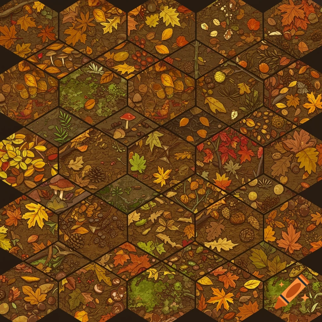 A hexagonal grid pattern depicting various cartoon-style bird's eye views of autumn forest floors with fallen leaves, acorns, mushrooms, and pine cones.