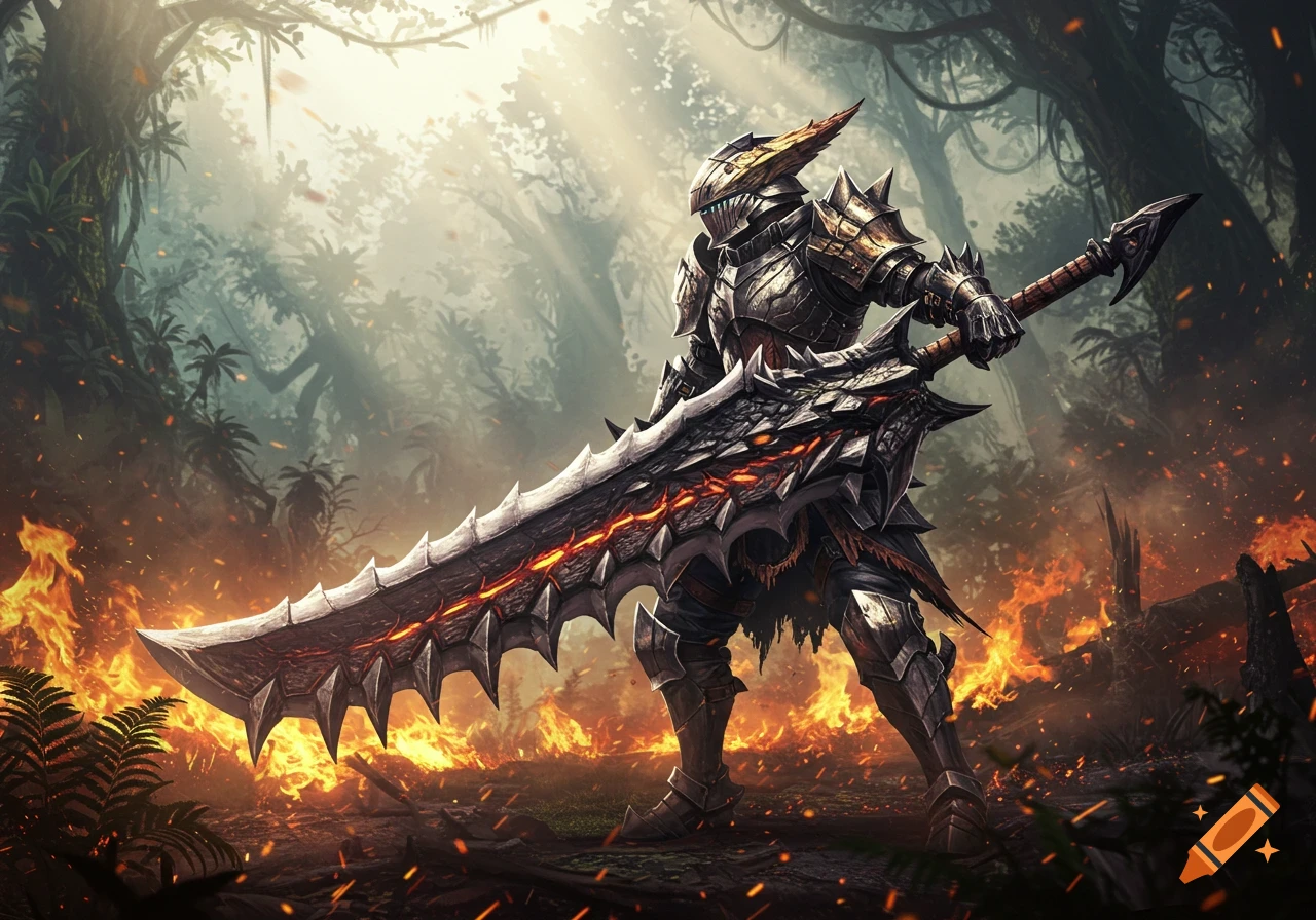 A heavily armored warrior holding a large, spiky sword with glowing details, standing amidst a fiery jungle environment.