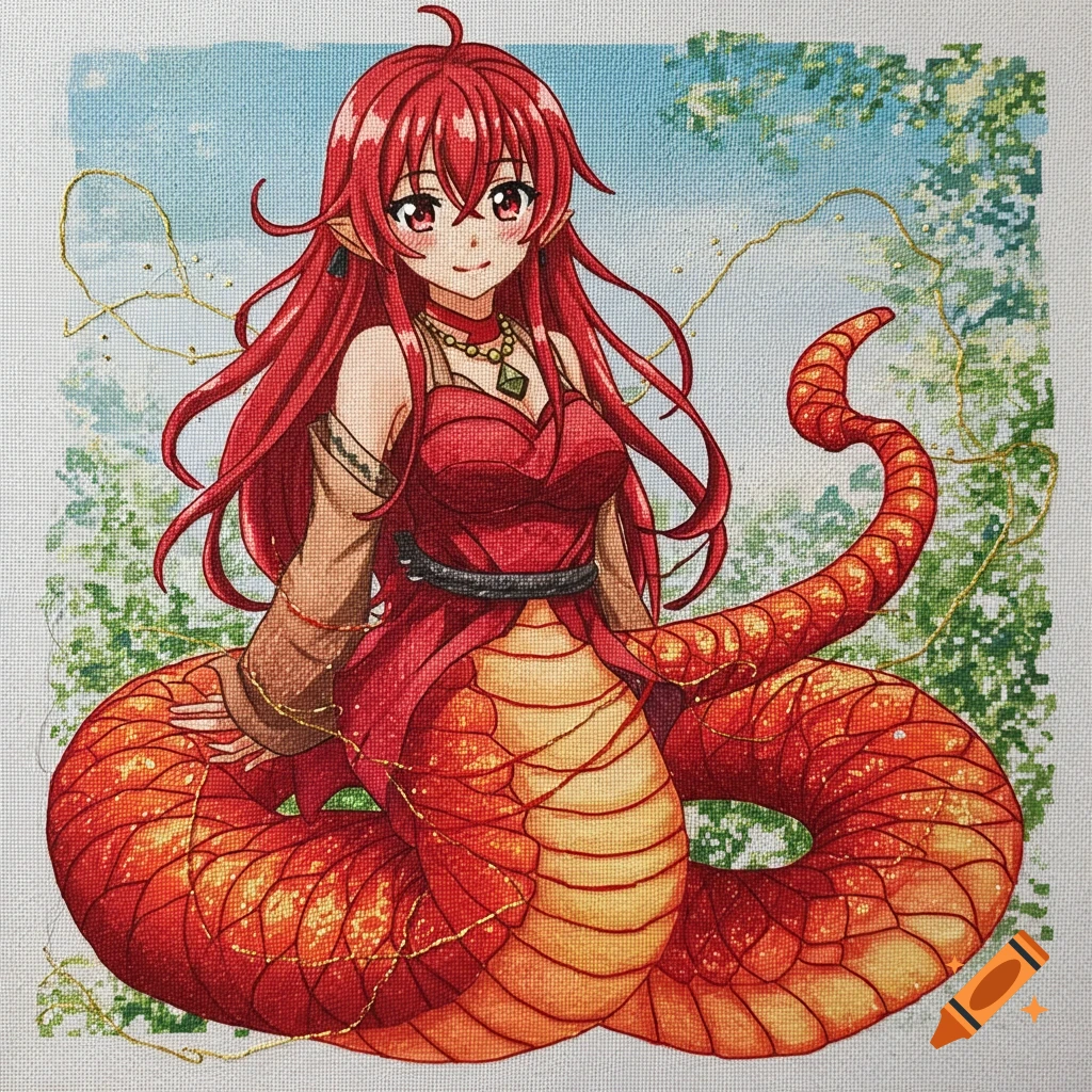 Anime-style lamia character with long red hair and a red dress, sitting amidst green foliage, rendered as a cross-stitch design.