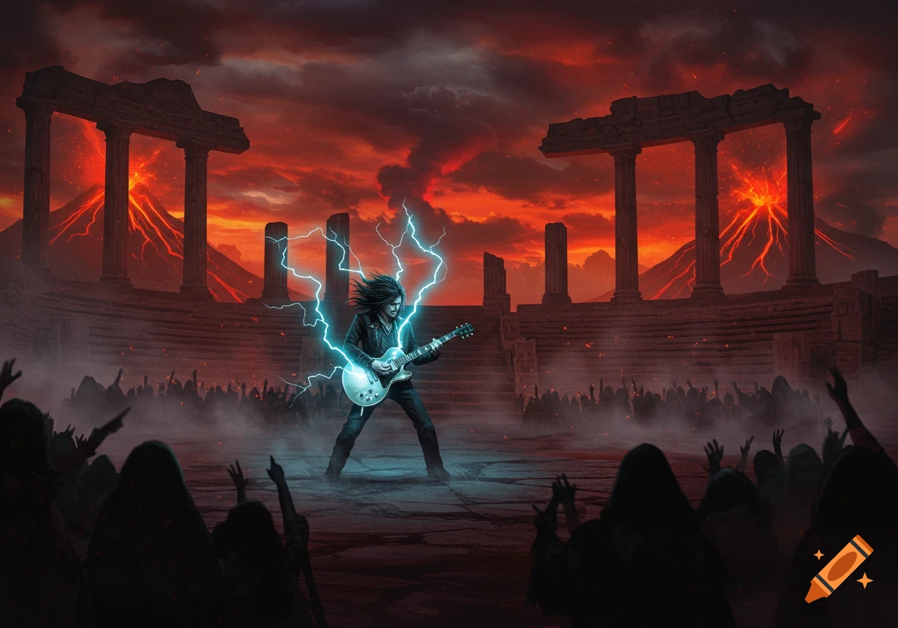 A guitarist plays an electric guitar with lightning on a stage in a ruined amphitheater, with erupting volcanoes and a crowd.