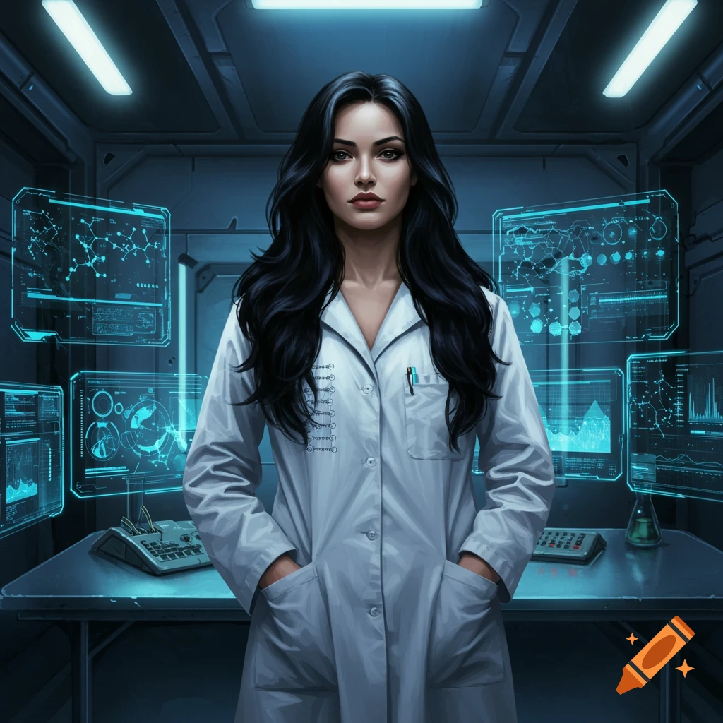 A photorealistic portrait of a woman scientist with black hair standing in a futuristic lab with holographic screens.
