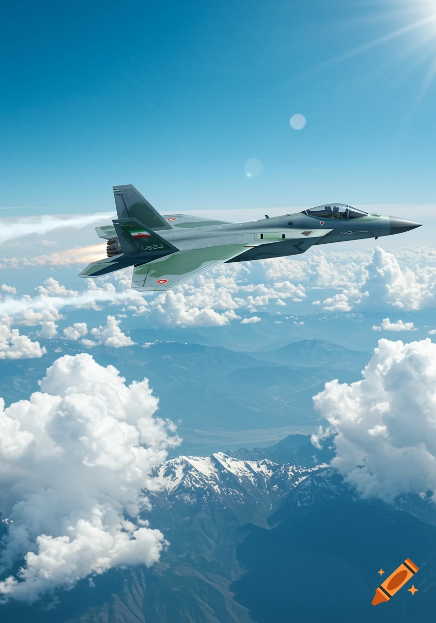 A green and gray fighter jet flies high in a clear blue sky above snow-capped mountains and clouds.