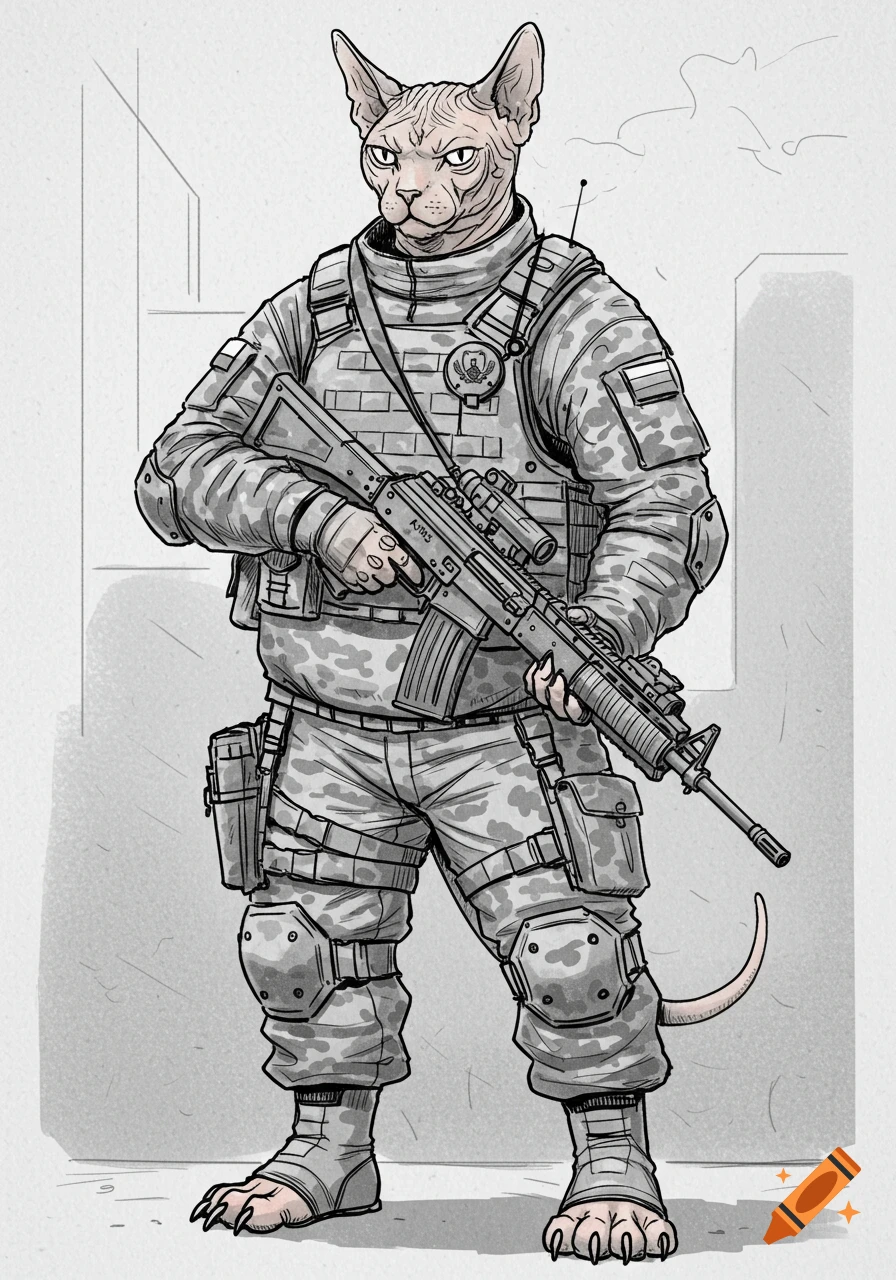 A sketch of a fat anthropomorphic hairless cat in Russian spetsnaz military clothes holding an assault rifle.