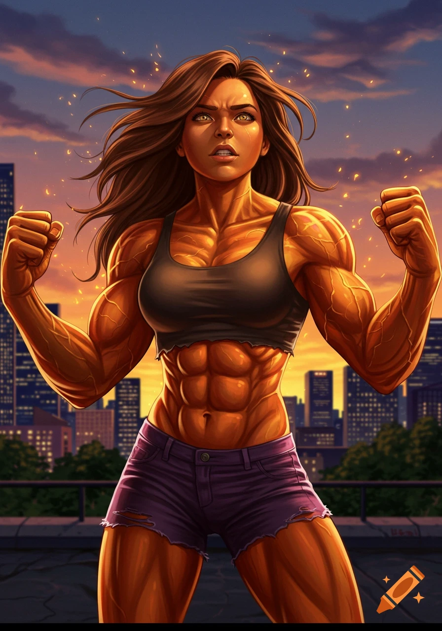 A powerful, orange-skinned muscular woman in a sports bra and shorts flexes on a city rooftop at sunset in a comic art style.