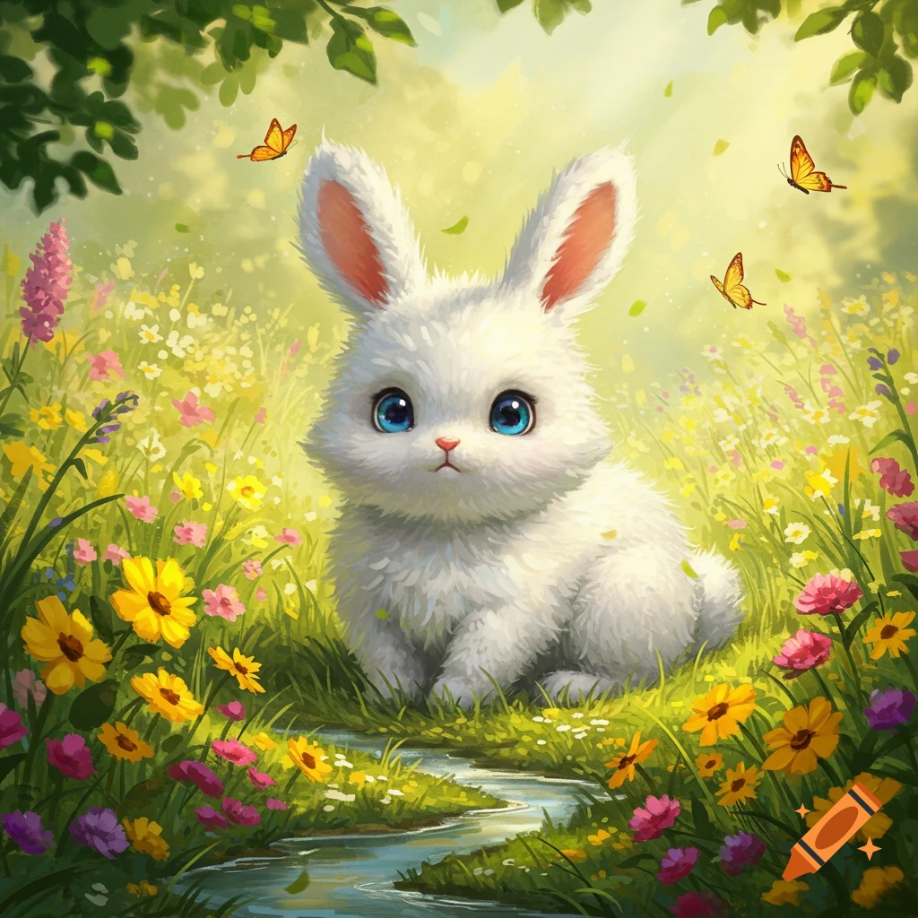 A cute white bunny with big blue eyes sits in a vibrant field of colorful flowers with butterflies and a stream, in an illustrative style.