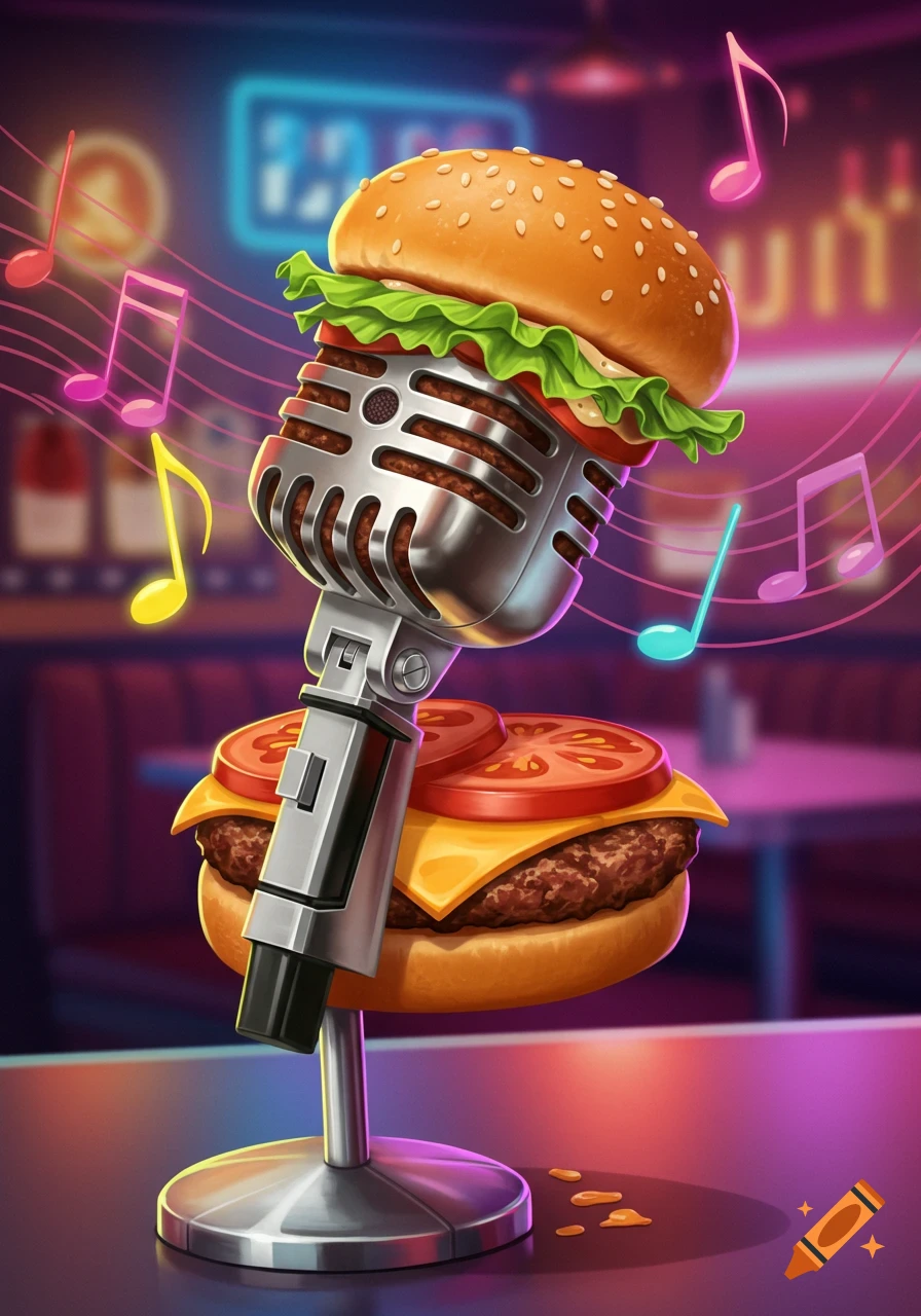 Whimsical illustration of a cheeseburger acting as a microphone on a stand, surrounded by colorful musical notes in a neon-lit bar.
