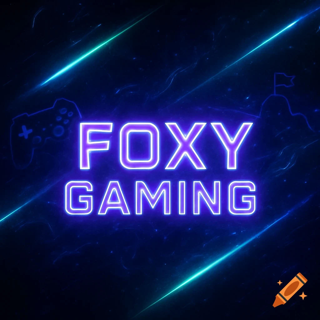 Neon purple 'FOXY GAMING' text on a dark blue background with gaming controller and mountain silhouettes and blue-green light streaks.