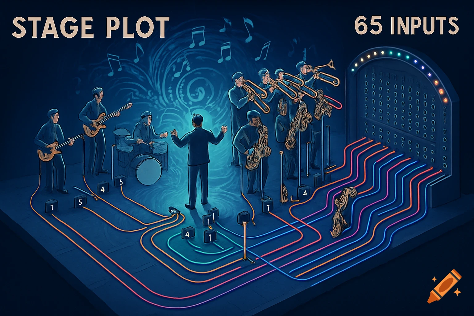 A stylized illustration of a stage plot with a band, showing musicians, colorful input wires, and a large input board. Text reads 'STAGE PLOT' and '65 INPUTS'.