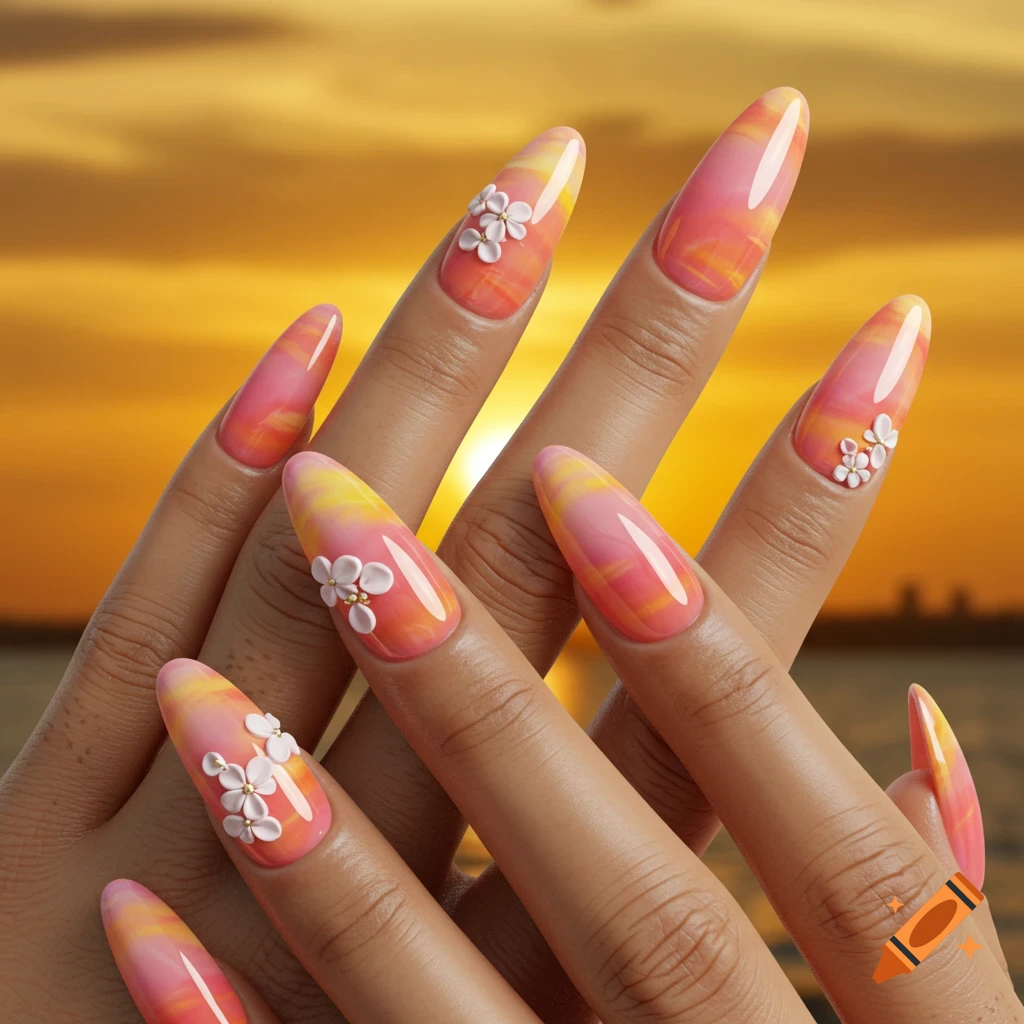 Close-up of hands with long, almond-shaped nails painted in a pink, orange, and yellow sunset gradient, adorned with white 3D flowers, against a golden sunset background.